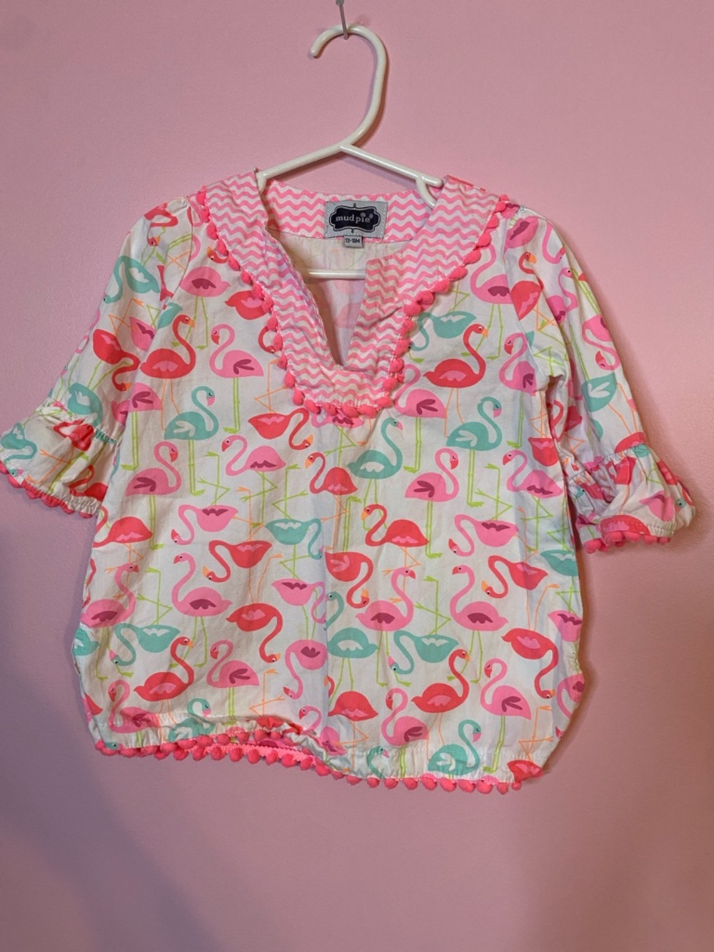 Mud Pie Pink & Coral Flamingo Print Top with Pom Trim